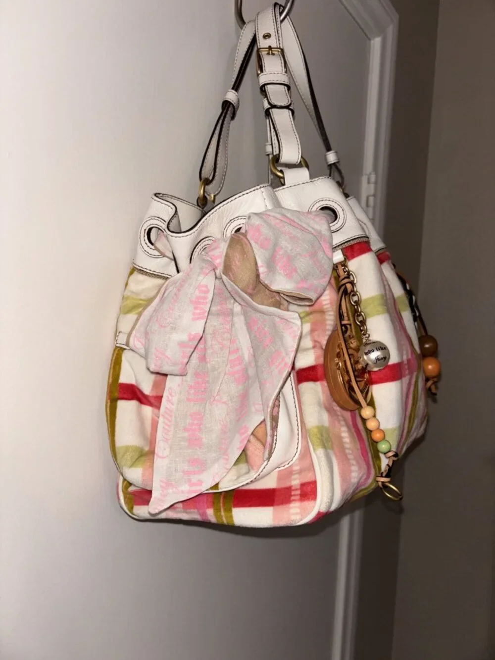 VINTAGE JUICY COUTURE DAYDREAMER White Pink Plaid Daisy Flower Charms Leather